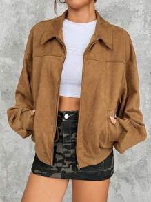 SHEIN EZwear 大码女式大码仿麂皮鹿图案长袖夹克，厚秋季外套 - 卡其色 - 查看 1