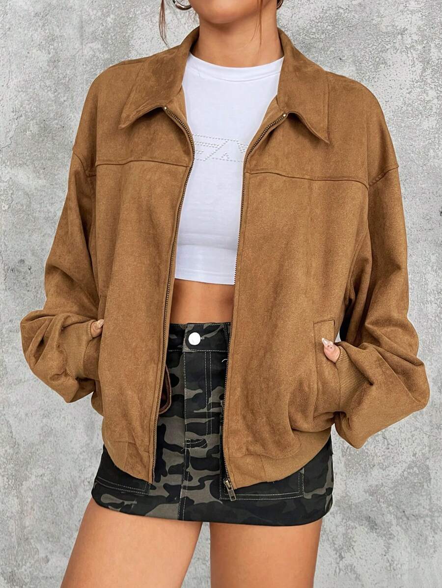 SHEIN EZwear 大码女式大码仿麂皮鹿图案长袖夹克，厚秋季外套 - 卡其色 - 查看 1
