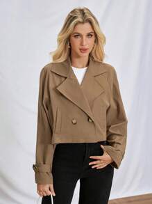 SHEIN Essnce Women's Spring/Summer Or Fall Clothes  Khaki Cropped Trench Coat In Olive Long Sleeve  Raglan Sleeve Double Button Crop Trench Coat For Spring & Autumn  Back To School Clothes  Teacher Clothes
