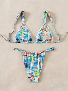 SHEIN Swim Women's Palm Tree Printed Sexy Bikini Set For Summer Beach - Multicolor - View 2