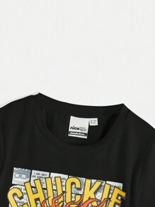 Nick 90s | SHEIN 男孩休閒卡通圖案短袖T恤 - 黑色 - 查看 5