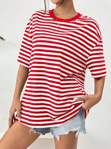 SHEIN EZwear Red & White Striped Knitted Loose Women's T-Shirt - Red - View 3