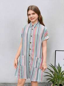 Tween Girl Loose Casual Cotton Color-Block Striped Two Pocket Batwing Sleeve Shirt Dress