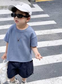 SHEIN 3件套儿童夏装，小男孩时尚宽松纯色抓绒短袖T恤，休闲韩版，性价比高适合户外玩耍，街拍，聚会 - 彩色 - 查看 8