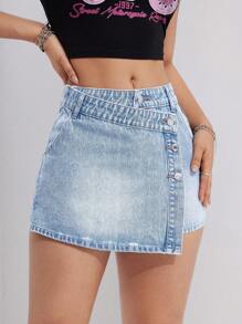 SHEIN EZwear Button Front Wrap Denim Mini Skirt - Light Wash - View 5