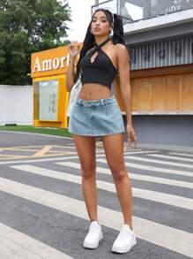 SHEIN ICON Low Waist Mini Denim Skirt For Summer - Light Wash - View 4