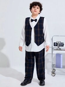 SHEIN 3pcs Kids Tween Boys Extended Size Casual Turn-Down Collar Long Sleeve Solid Color Shirt With Tie, Plaid Vest And Woven Pants Set - Multicolor - View 4