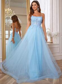 Spaghetti Strap Lace Prom Dresses With Butterfly Embroidered Long A Line Sparkly Applique Homecoming Dresses For Teens Mesh Formal Evening Dresses With Boned Party Ball Gown For Women Lace Up Back Wedding Guest Dress, For Graduation, Dinner - Màu xanh bạc hà - Xem 1