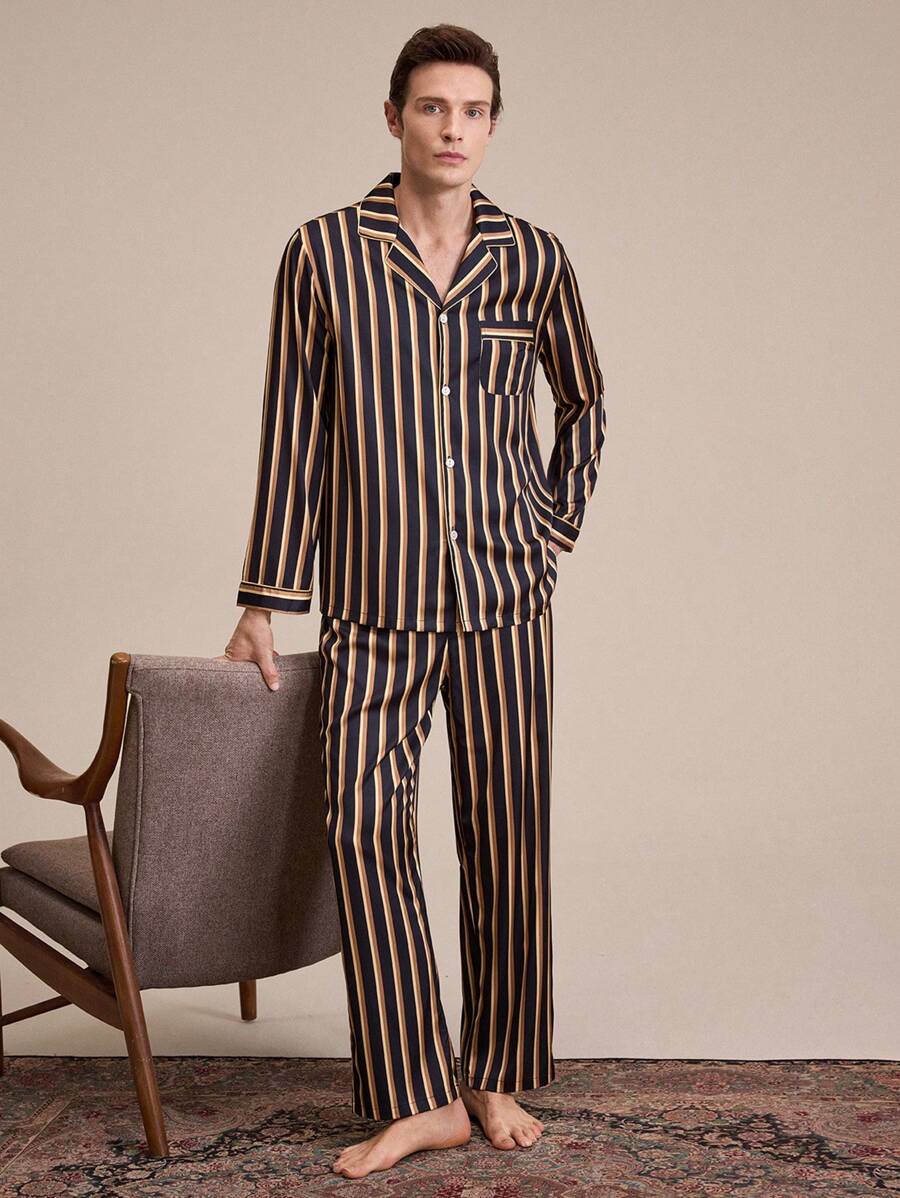 EverLounge Men Striped Print Satin Long Sleeve & Pants PJ Set / Pajama Set - Multicolor - View 1