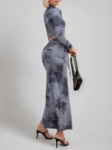 SHEIN Essnce 水洗染印花前釦長袖上衣和綁帶開叉高腰裙套裝，夏季休閒套裝 - 灰色 - 查看 2