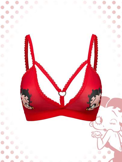 Betty Boop | ROMWE 1pc Cartoon Printed Heart Metal Ring Red Wireless Bra
