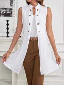 SHEIN Clasi Solid Double Breasted Split Hem Sleeveless Blouse Fitted Shirt Fall Women Outfits - White - View 4