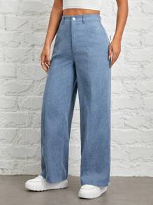 SHEIN PETITE Autumn And Winter Wear Women's Solid Color Straight Corduroy Pants - Blue - View 6