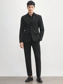 AKNOTIC Business Casual 易護理男士舊錢風格提花編織商務休閒拼接西裝外套，採用斜紋和提花織物製作，非常適合秋冬季節 - 黑色 - 查看 3