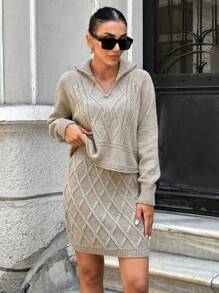 EURMUSE Elegant Cable Knit Sweater With Zipper & Cable Knit Mini Sweater Skirt 2 Piece Set