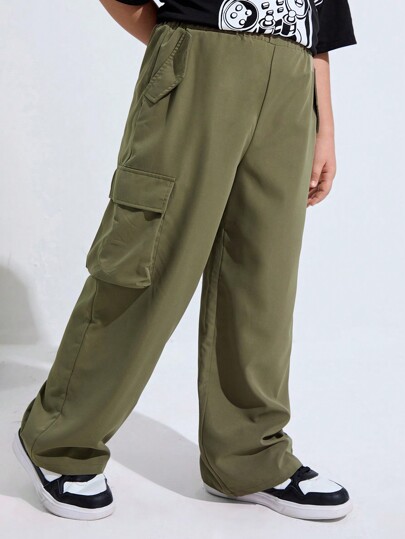 SHEIN Garçons et préados de taille prolongée Pantalon décontracté tissé avec poches, coupe ample et couleur unicolore