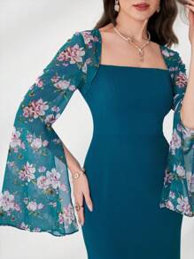 Modelyn 夏季對比花卉印花方頸分裂袖人魚裙擺連身裙