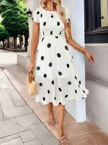 SHEIN LUNE Summer Long White & Black Polka Dot Bodycon Party Elegant Women's Dress - White - View 1
