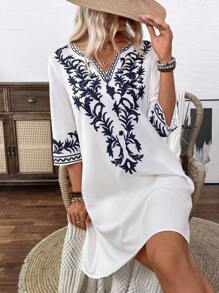 SHEIN LUNE Elegante vestido de manga 3/4 holgado con cuello en V - Blanco - Ver 7