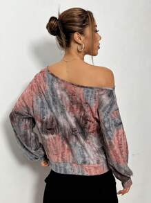 SHEIN Unity Sudadera con cuello asimétrico y hombros caídos con efecto tie-dye, sudadera de otoño - Multicolor - Ver 2