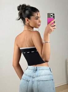 SHEIN EZwear Top de punto de tubo recortado con cordón, bloque de color de moda con patrón de letras para el verano