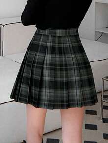 Rikumo Women's Casual Plaid Pleated Skirt Winter - Black - View 4