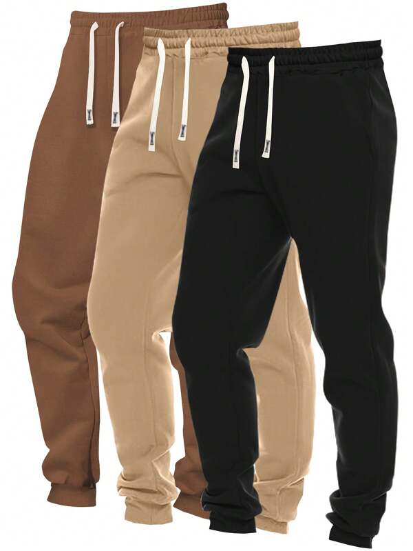 3pcs Men's Long Pants, Four Seasons Sports & Leisure Trousers, Classic Retro Simple All-Match Style, Solid Color, Versatile Drawstring Joggers, Outdoor Running Workout Pants, Daily Wear