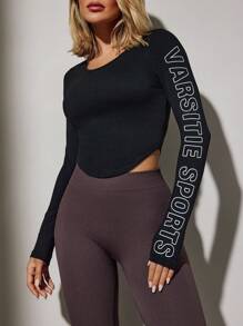 VARSITIE 夏季運動基本款瑜伽彎曲領長袖上衣，並印有圖案 - 黑色 - 查看 5