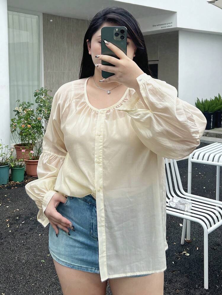 Dazy Petite Plus Plus Size Solid Button Front Blouse For Summer,Ruffle,Fall Women Clothes Long Sleeve Top