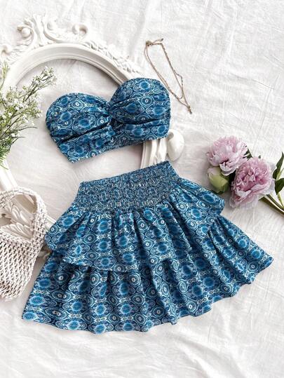 Lunelith SHEIN Lunessa Top de tubo con estampado floral y falda con dobladillo con ribete de volantes y cintura fruncida para vacaciones de verano