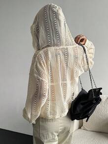 DAZY Drop Shoulder Button Front Hooded Tee Sheer Long Sleeve Women Tops Cover Ups For Swimwear - White - View 6