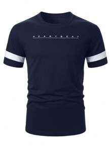 Manfinity Homme Áo thun nam ngắn tay thường ngày mùa hè có in chữ - Màu xanh hải quân - Xem 3