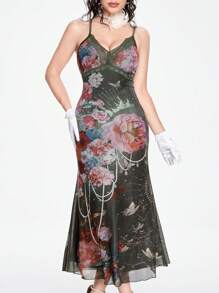 ROMWE Fairycore Vintage Palace Painting Rose Printed Women's Cami Dress - Green - View 1