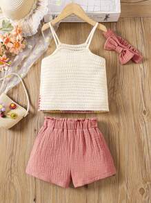 SHEIN Young Girl Crochet Flower Patterned Crop Top And Shorts Set With Headband - Multicolor - View 5