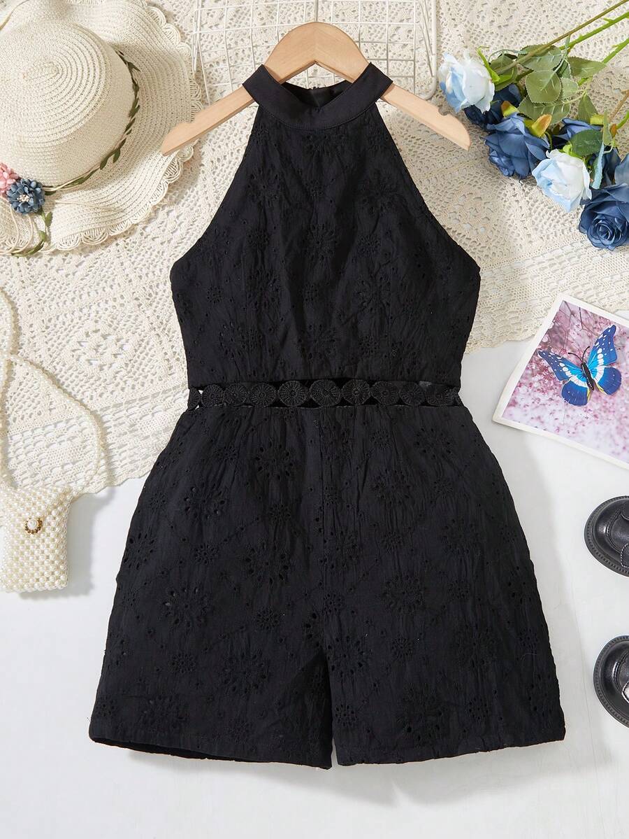 SHEIN Tween Girls Eyelet Embroidery Halter Neck Backless Black Romper ...