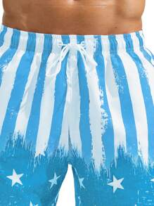 Surfspeed Men Striped & Star Print Drawstring Waist Swim Trunks - Blue - View 3