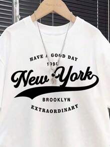 SHEIN Leap Crew New York, Teen Boy Casual Đơn Giản In Chữ Cổ Tròn Tay Ngắn Áo Phông Và Quần Short, Thích Hợp Cho Mùa Hè - Nhiều màu - Xem 3