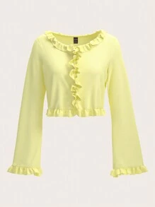 SHEINNeu Ruffle Trim Flare Sleeve Crop Jacket For Spring & Summer - Yellow - View 2