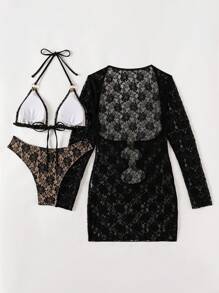 SHEIN Swim Damski 3-częściowy letni kwiat plażowy koronkowy zestaw bikini typu halter z bikini zakrywającym sukienkę
