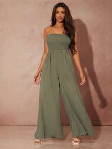 SHEIN SXY 素色打褶闊腿連體衣 - 軍綠色 - 查看 5