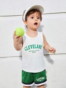 SHEIN Conjunto de camiseta sin mangas con estampado de letra y shorts con bloqueo de color estilo deportivo informal para bebé niño - Multicolor - Ver 6