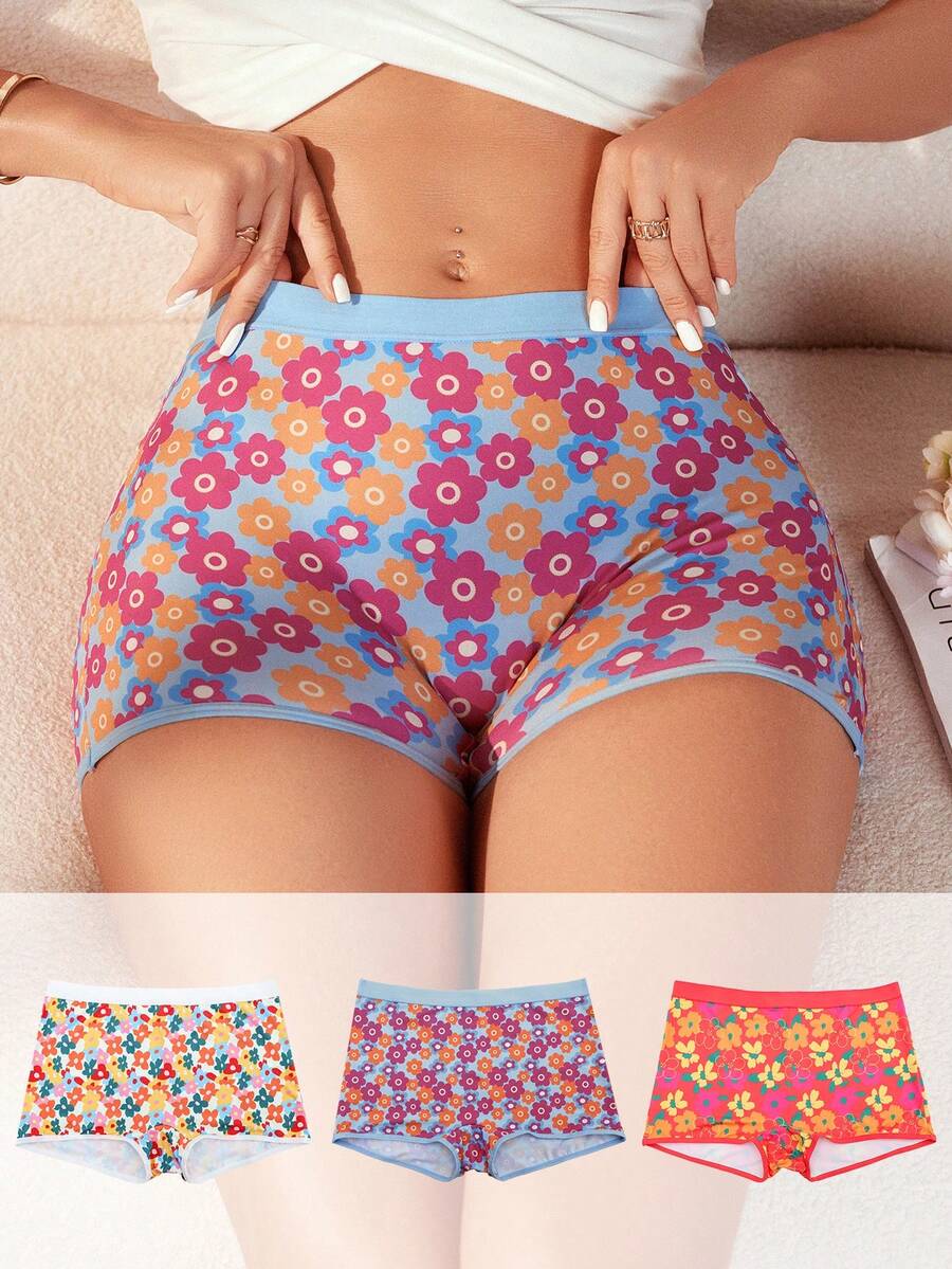 SHEIN 女性多彩花卉印花臀部三角褲(3件裝) - 彩色 - 查看 1