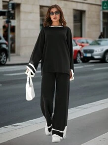 SHEIN Tall 1pc Contrast Trim Drop Shoulder Sweater & 1pc Knit Pants - Black - View 6
