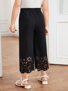 Young Girl Laser Cut Out Wide Leg Pants - Black - View 2