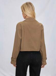 SHEIN Essnce Women's Spring/Summer Or Fall Clothes  Khaki Cropped Trench Coat In Olive Long Sleeve  Raglan Sleeve Double Button Crop Trench Coat For Spring & Autumn  Back To School Clothes  Teacher Clothes