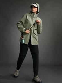 SHEIN Sports Patched Detail Zip Up Hooded Windbreaker Sports Jacket - Army Green - View 3