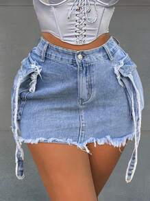 Chân váy denim ngắn kiểu cargo, chi tiết dây buộc túi kiểu Y2K, gấu váy cắt thô, phong cách thường ngày mùa hè. - Màu xanh lam - Xem 1