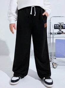 SHEIN Kids' & Tween Boys' Extended Size Loose Fit Straight Leg Knitted Pants, Casual With Patchwork - Black - View 5