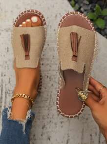 Sandalias marrones de dedo con flecos para mujeres, sandalias planas de tela tejida con punta abierta - Caqui - Ver 6