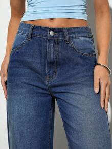 Forever 21 Quần jean ống rộng cạp cao phong cách cổ điển dành cho nữ có túi bên hông - Màu xanh lam - Xem 6